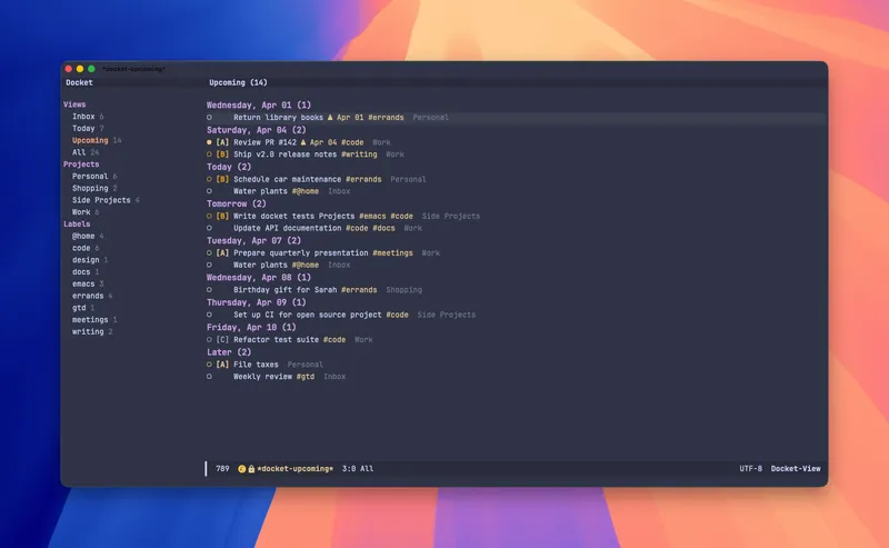 Docket upcoming view in Emacs